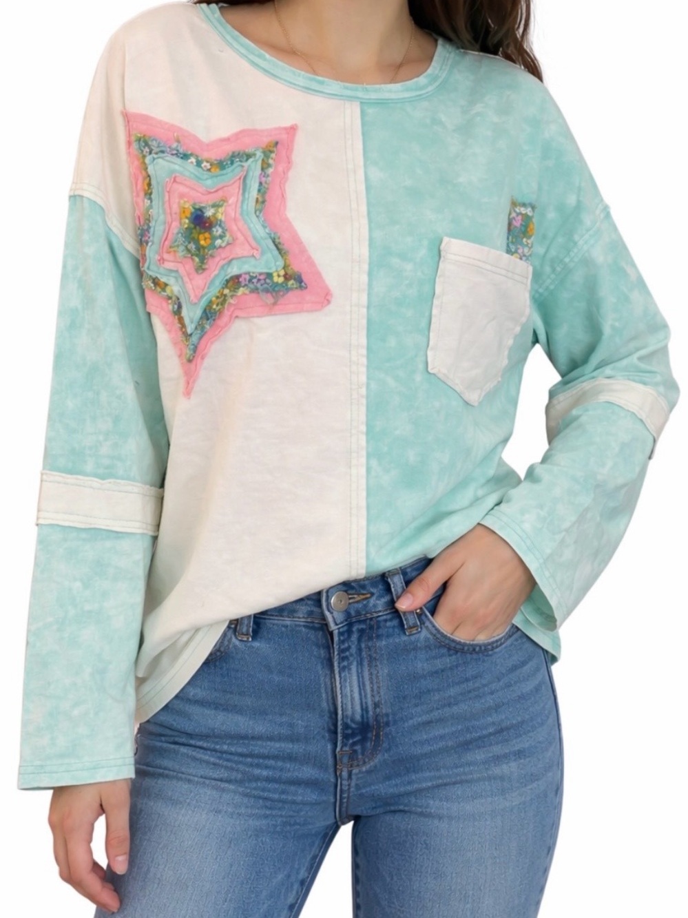 Sage & Fig Embroidered Star Mineral Washed Teal & Pink Long Sleeve Top - Picture 2 of 2